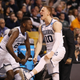Donte DiVincenzo, No. 10, of the Villanova Wildcats reacts during the second half against the Texas Tech Red Raiders in the 2018 NCAA Men’s Basketball Tournament East Regional at TD Garden on March 25, 2018, in Boston.